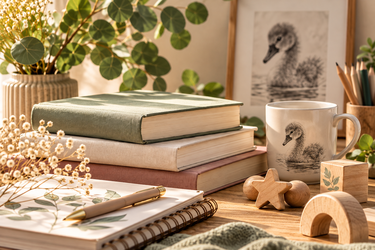 Dusty-pink fedora on a creative desk with a mug, plant and playful desk accessories